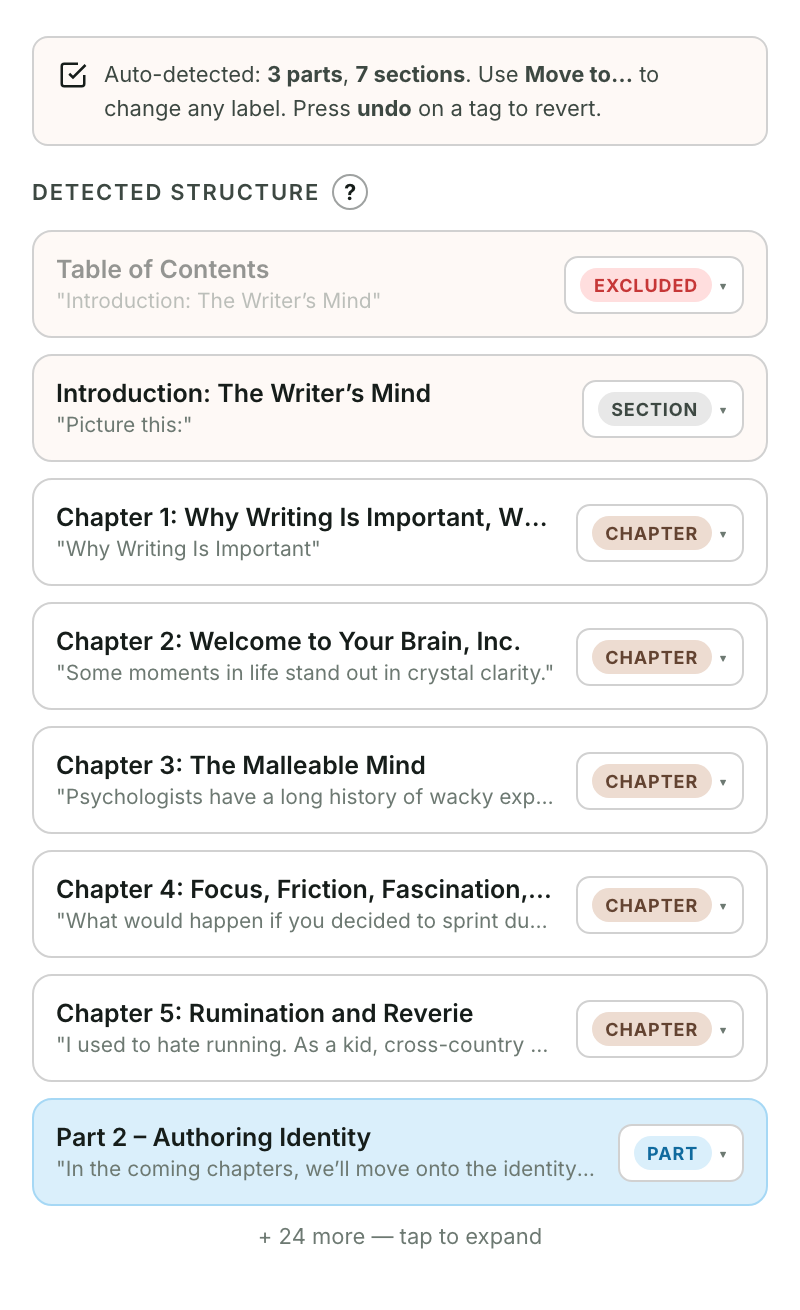 The Chapters screen showing detected structure with zone labels