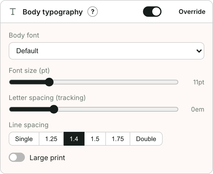 The Body typography section on the Design screen