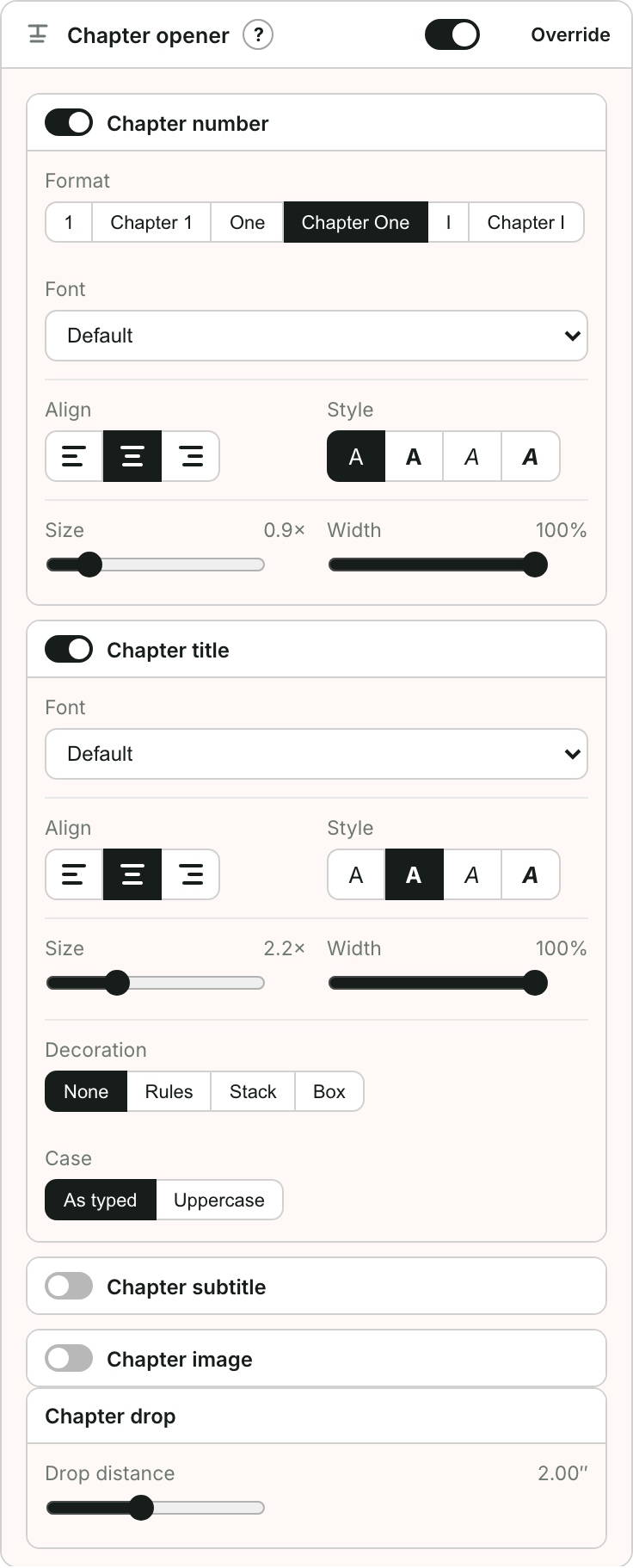 The Chapter opener section on the Design screen