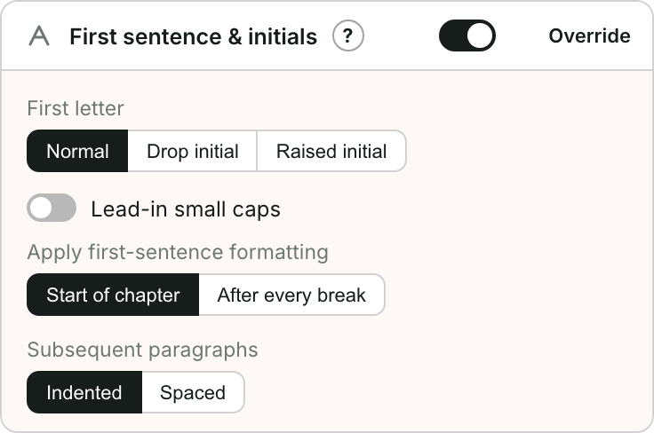 The First sentence & initials section on the Design screen