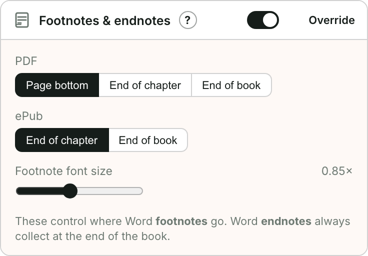 Footnote placement options on the Design screen