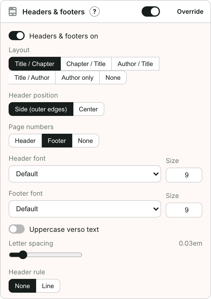 The Headers & footers section on the Design screen
