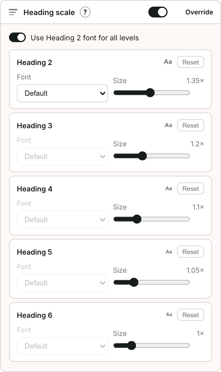 The Heading scale section on the Design screen