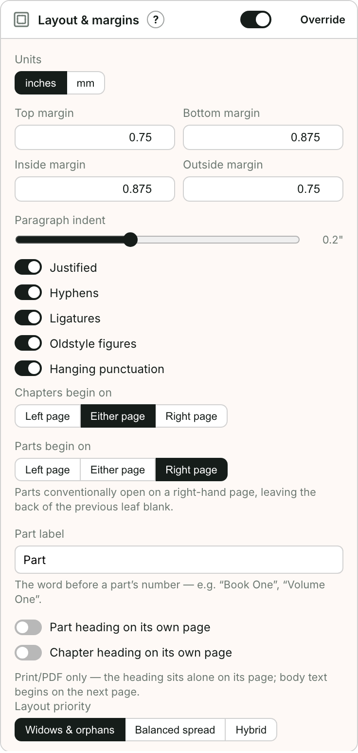 The Layout & margins section on the Design screen