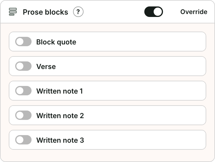 The Prose blocks section on the Design screen