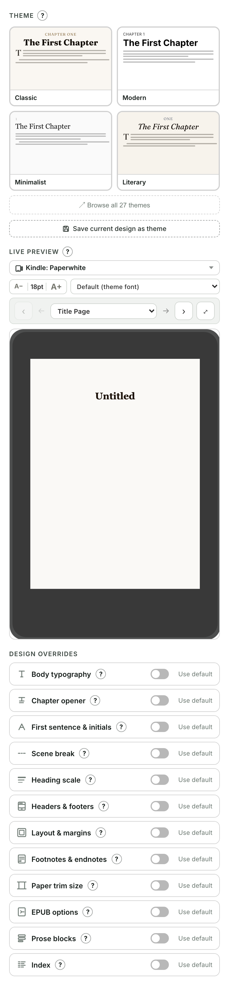 The Design screen with the theme gallery