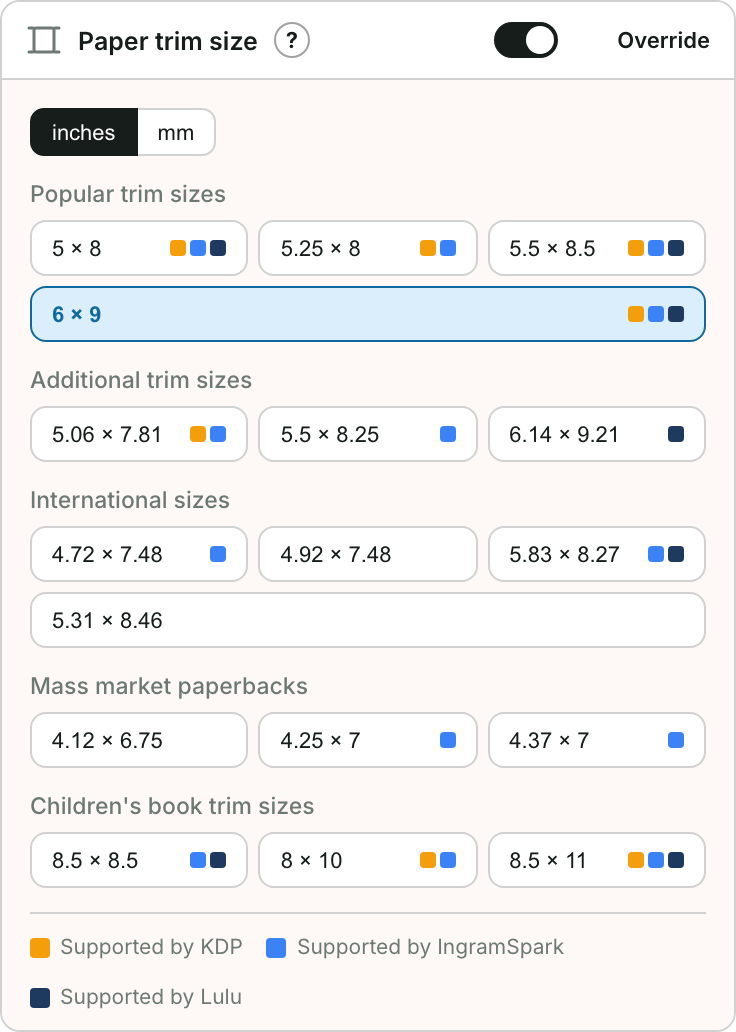 Choosing a trim size on the Design screen