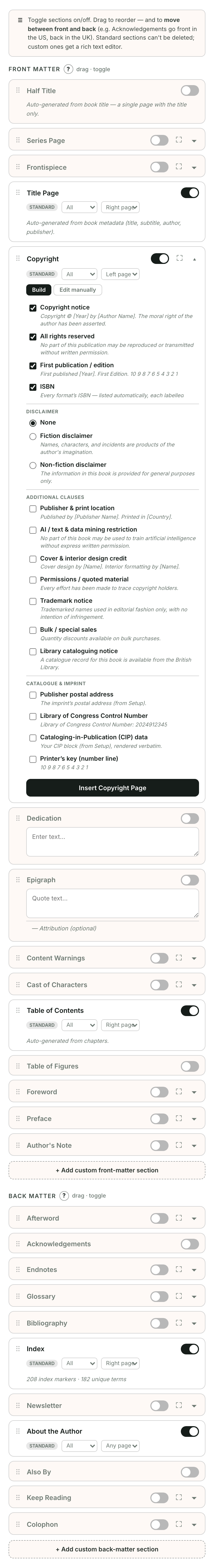 The copyright clause builder on the Matter screen