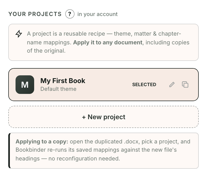 The Projects screen, where each card is a saved setup