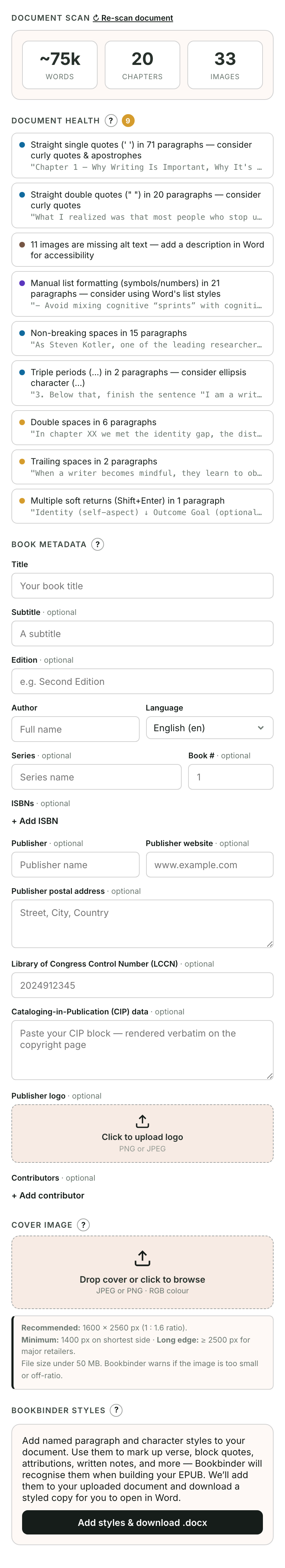 The Setup screen, including Document health
